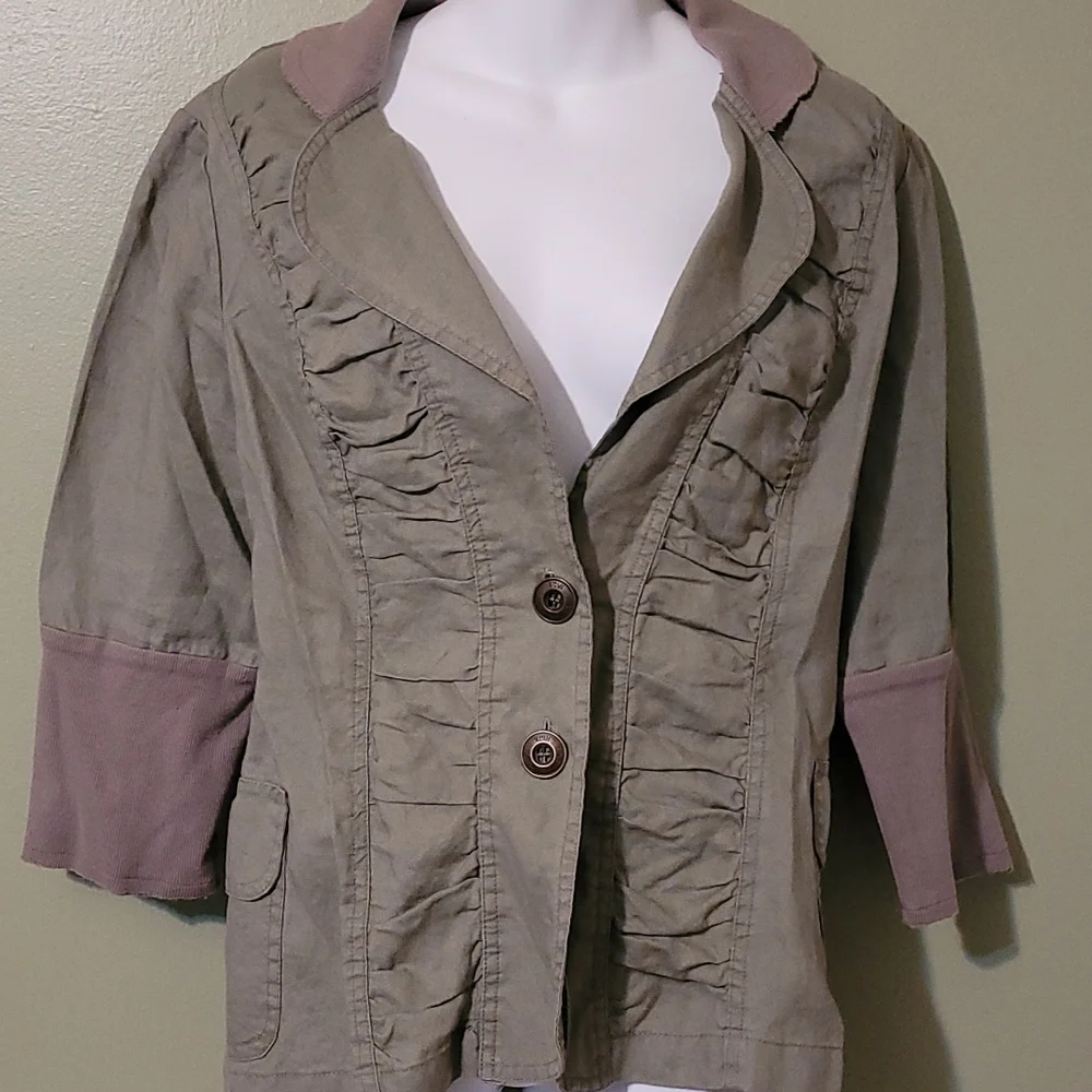 Women's XCVI 3/4 Sleeve Army Green Ruched Front Stretch Panel Jacket - Picture 1 of 6